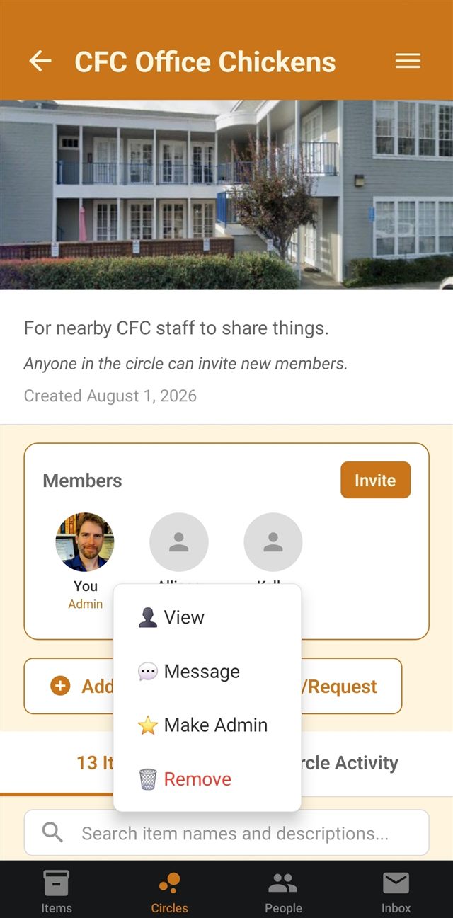 A popup menu on a circle member with options to View, Message, Make Admin, or Remove them