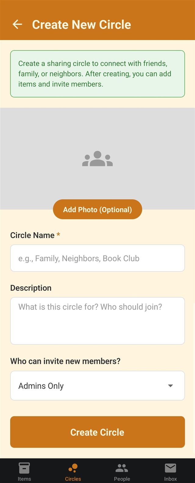 The Create New Circle form with a photo, circle name, description, and an invite policy dropdown