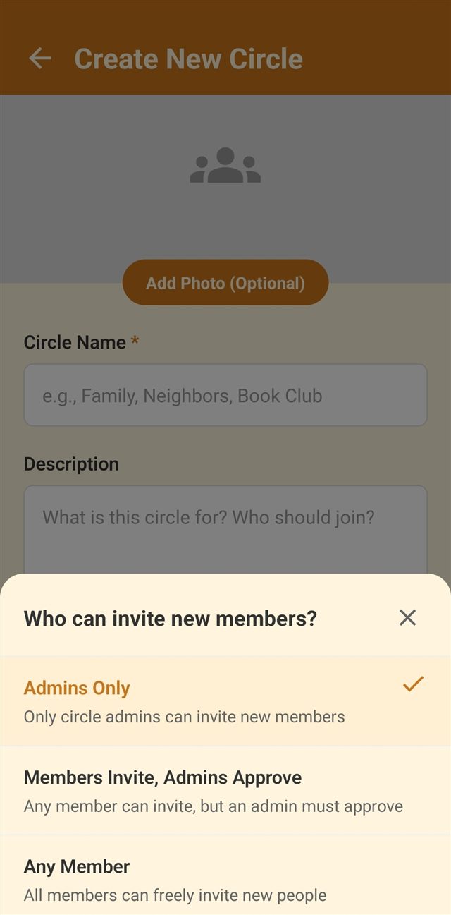 Three invite policy choices: Admins Only, Members Invite Admins Approve, and Any Member