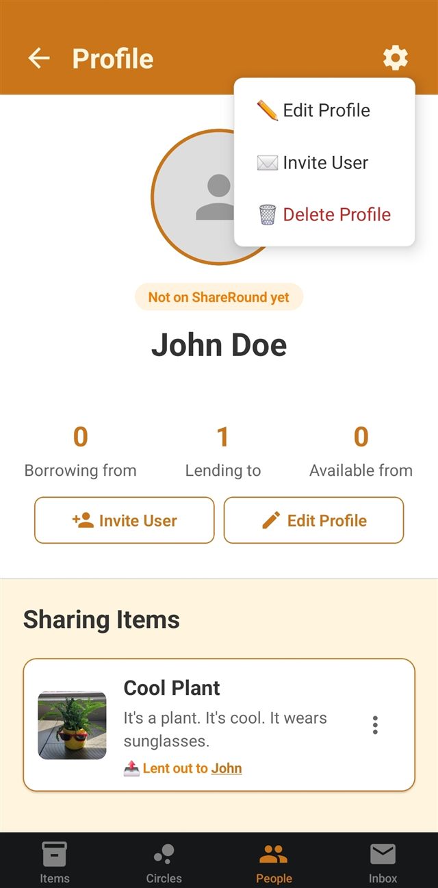 The gear menu on a managed profile with options for Edit Profile, Invite User, and Delete Profile