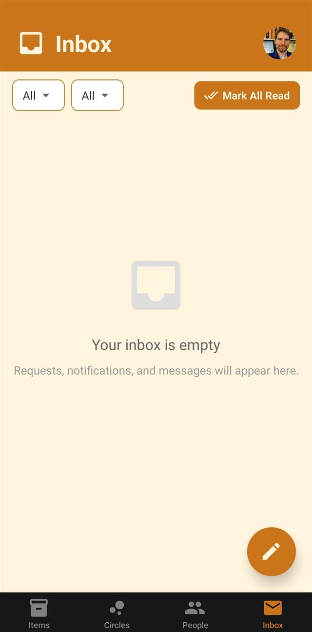 An empty Inbox screen with a message saying requests, notifications, and messages will appear here