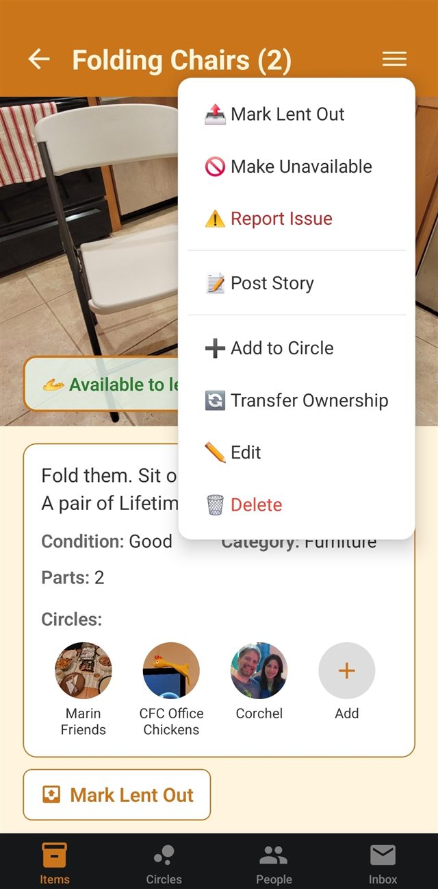 An item detail page's full menu, listing Mark Lent Out, Make Unavailable, Report Issue, Post Story, Add to Circle, Transfer Ownership, Edit, and Delete