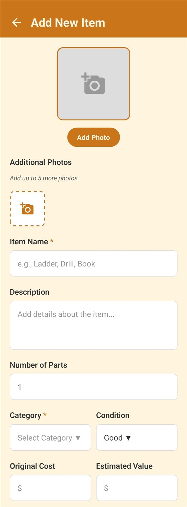 The Add New Item form with fields for a photo, item name, description, number of parts, category, condition, cost, and value