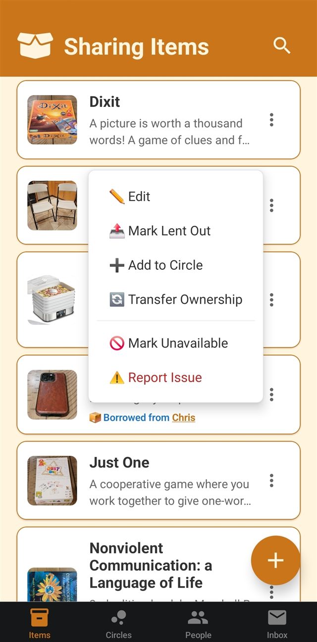 A popup menu on an item card with options for Edit, Mark Lent Out, Add to Circle, Transfer Ownership, Mark Unavailable, and Report Issue