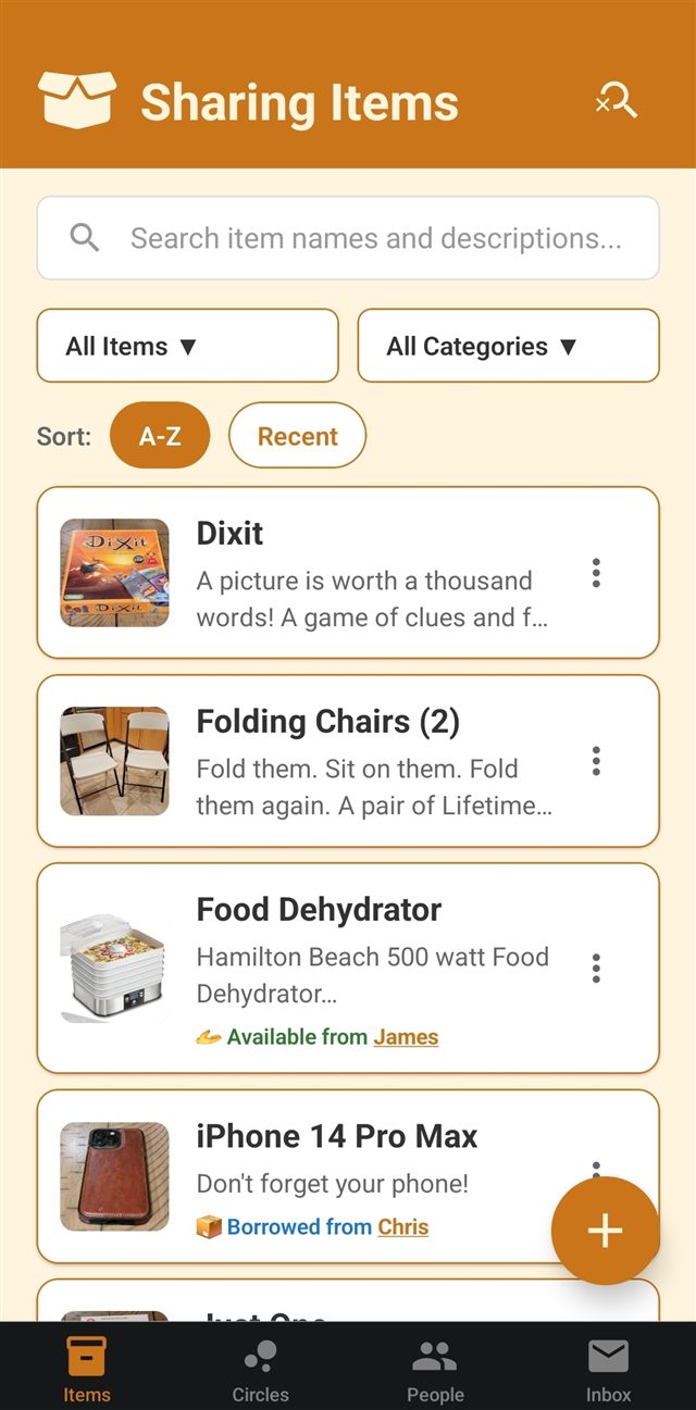 The Items screen with a search bar and two dropdown filters for item type and category