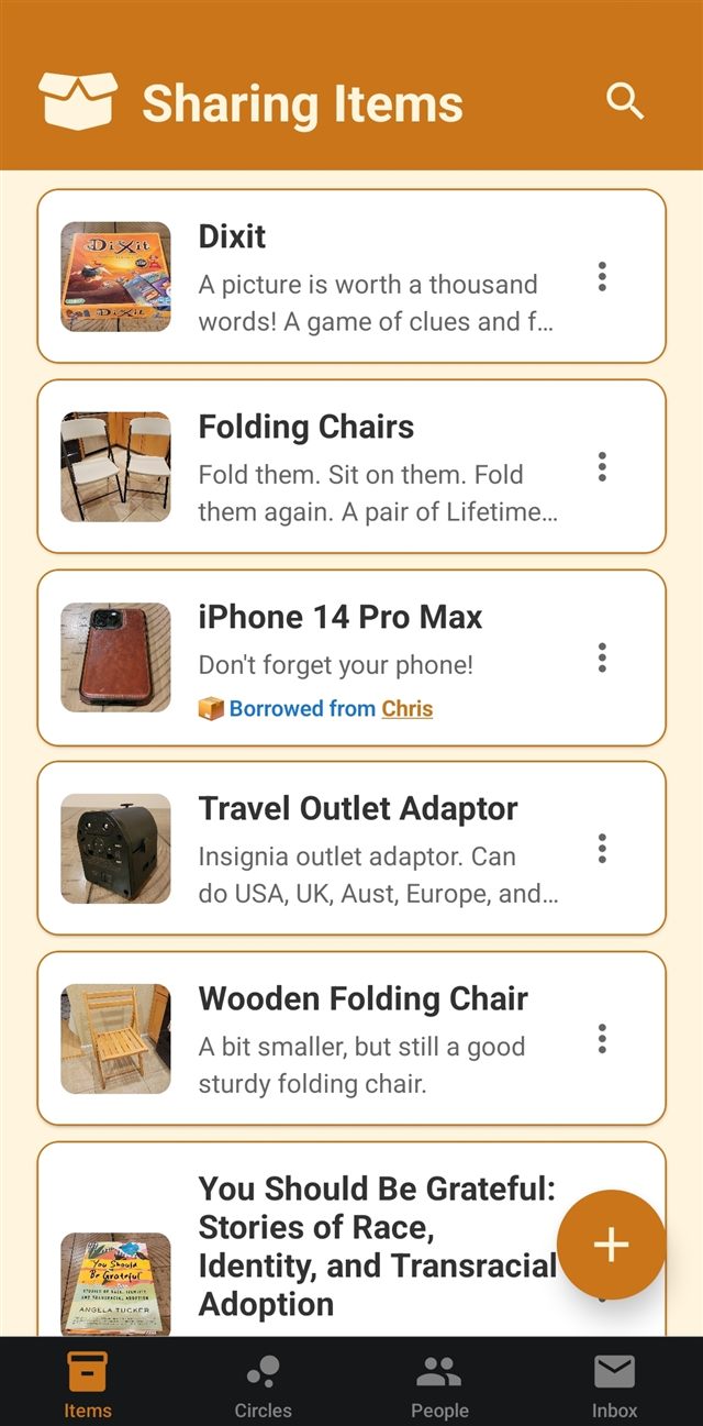 The Items list screen showing shared items like a board game, folding chairs, and a borrowed phone
