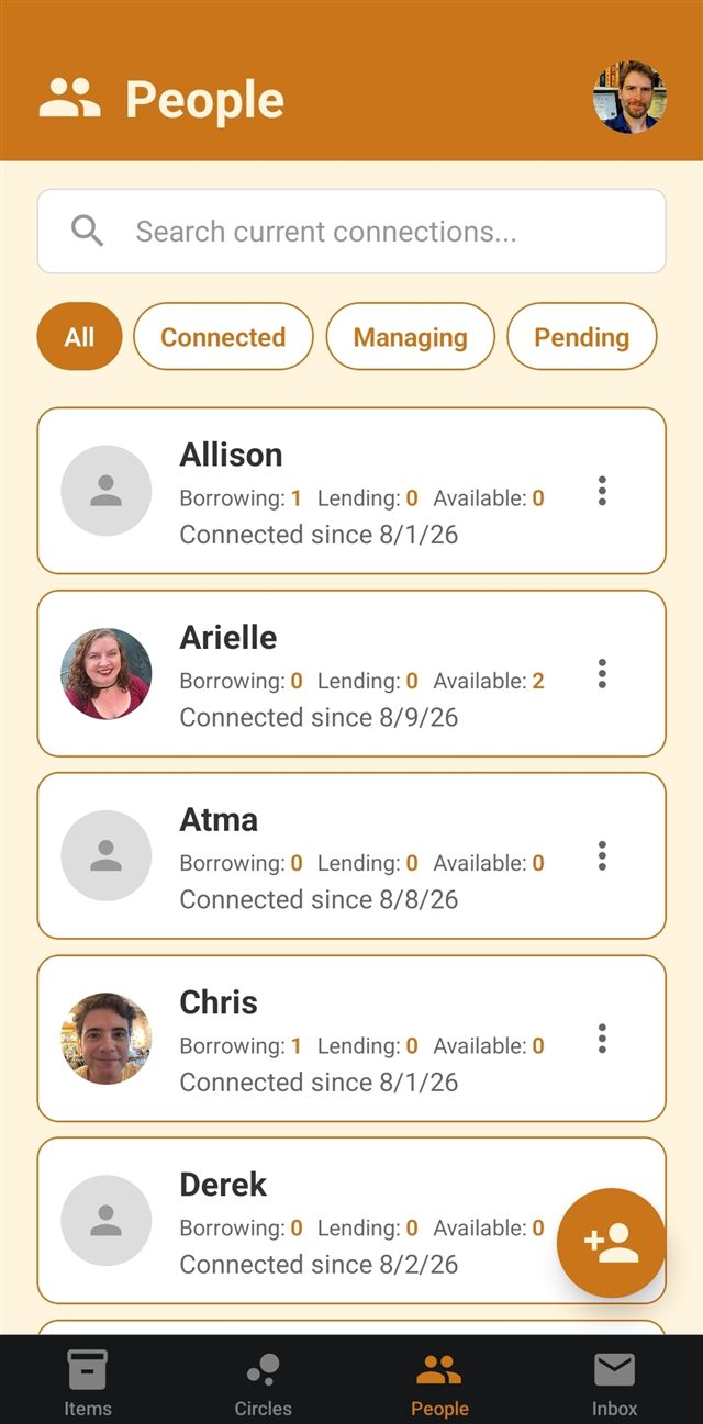 The People list showing connections with how much you're borrowing, lending, and have available from each